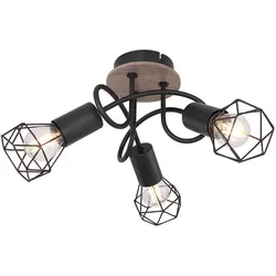 Vintage Deckenlampe Spot Rondell Deckenstrahler Deckenlampe Wohnzimmer 3 flammig Metall schwarz, Spots beweglich, Metallgeflecht Holz, 3x E14 Fassungen, DxH 38x21 cm