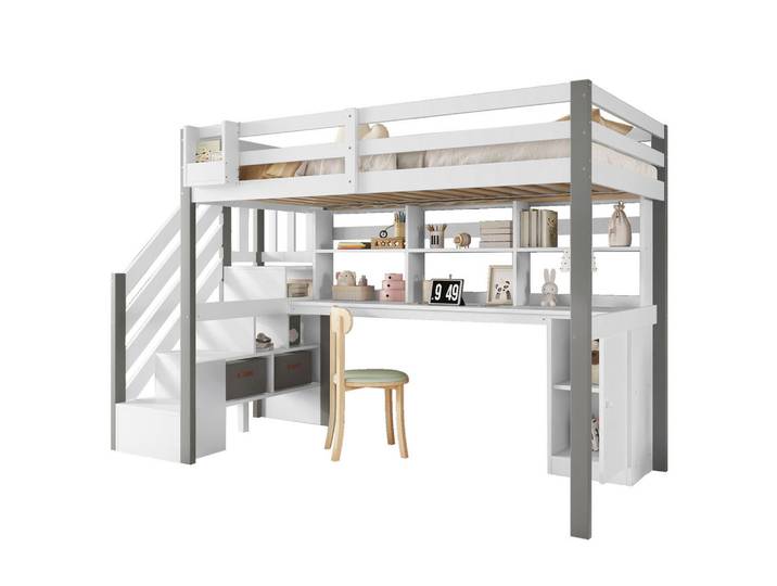Stilvora Hochbett 90/200 cm in Weiß & Grau mit Schreibtisch, Regal und Schublade, Weiß, Grau, 90x200 cm, Babymöbel & Kindermöbel, Kinderzimmer & Jugendzimmer, Kinderbetten, Hochbetten