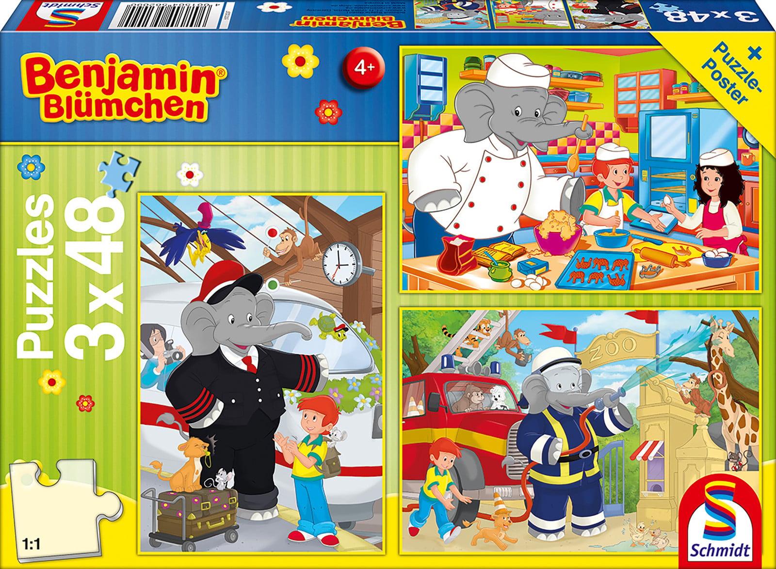 Schmidt Spiele Benjamin Blümchen in actie puzzel voor kinderen, 3 x 48-delig