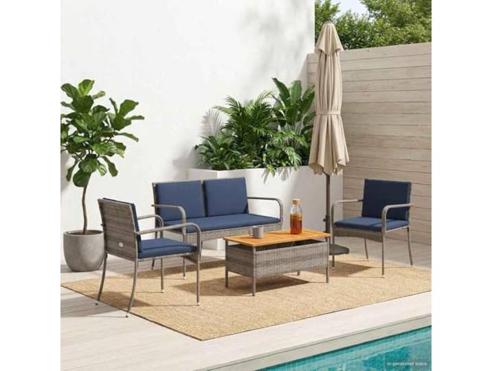 YUTAASU Garten Set Grau Poly-Rattan Wetterfest, Stahlrahmen, Akazien-Tischplatte, Sitzkissen Inklusive, Balkon Terrasse