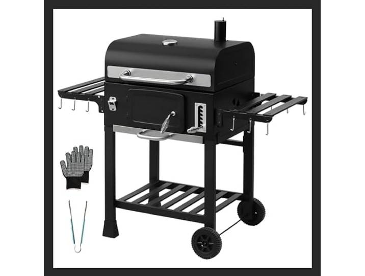 TEENO XXL Holzkohlegrill mit Deckel, Thermometer, Ascheschublade, Hitzehandschuhen, Schornstein und integriertem Flaschenöffner – Großformatiger Grill zum Grillen und Räuchern mit Holzkohle