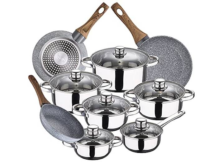 SAN IGNACIO Cassel Kochgeschirr-Set, 12-teilig, Edelstahl, mit Pfannen-Set (22/26/28 cm) SAN IGNACIO Daimiel aus geschmiedetem Aluminium