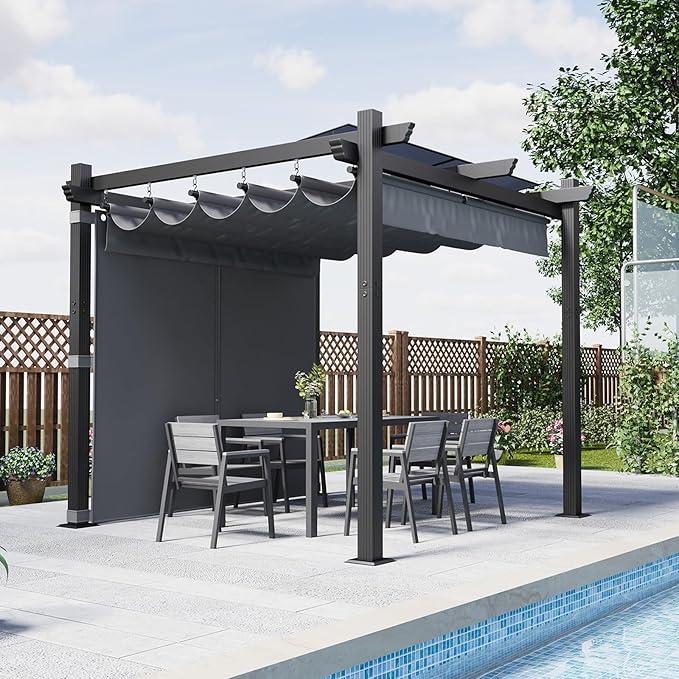 Aluminium Pergola mit Schiebedach, Verstellbarer Schattenfläche, UV-Schutz 50+, Pavillon 3x3 wasserdicht stabil Winterfest, Grillpavillon Metall für Gärten und Terrassen, Grau.