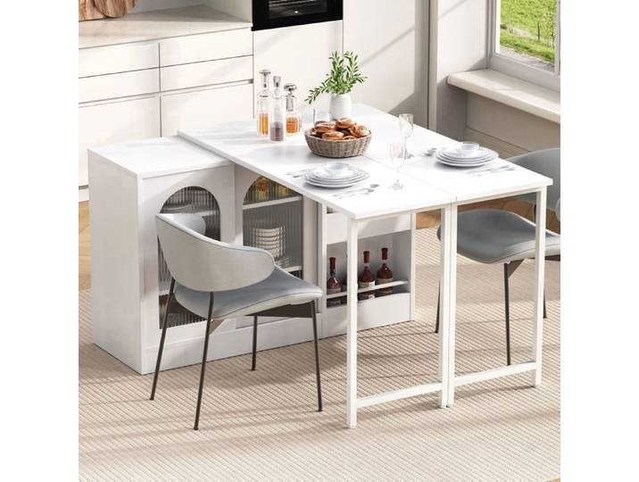 Table de bar extensible – Blanc – Plateau rotatif 360° – Rangement intégré – MDF