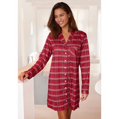 Nachthemd H.I.S, Damen, Gr. 38, N-Gr, rot (rot, kariert), Flanell, Obermaterial: 100% Baumwolle, kurz, V-Ausschnitt, Manschette kontrastfarben, Kleider Nachthemd, aus Flanell im Karo-Design