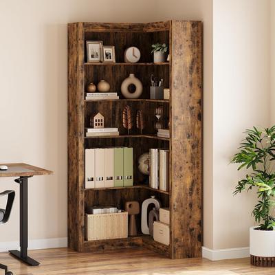 Garvee "71.8"" Farmhouse L-Shaped 5-Tier Heavy-Duty MDF Bookshelf, Brown"