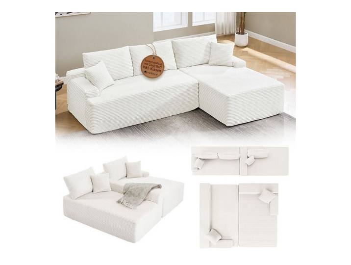 Juskys Ecksofa Coredo, Ecksofa, mit Rücken- & Dekokissen, Cordbezug, Modular platzierbar