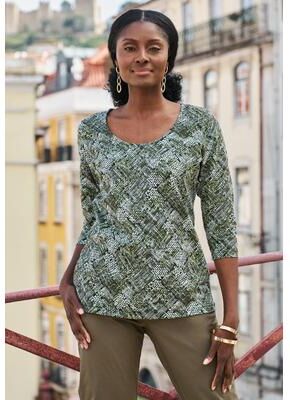 Plus Size Women's Stretch Cotton Scoop Neck Tee by Jessica London in Olive Drab Tribal Animal (Size 30/32) 3/4 Sleeve Shirt