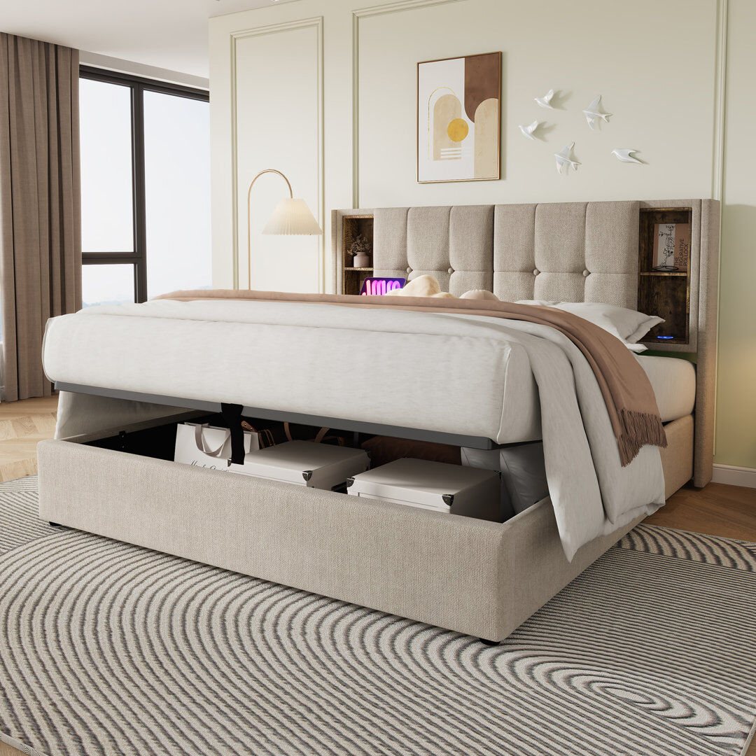 Brayden Studio Upholstered Ottoman Storage Bed Natural 100.5cm H X 185cm W X 206cm L