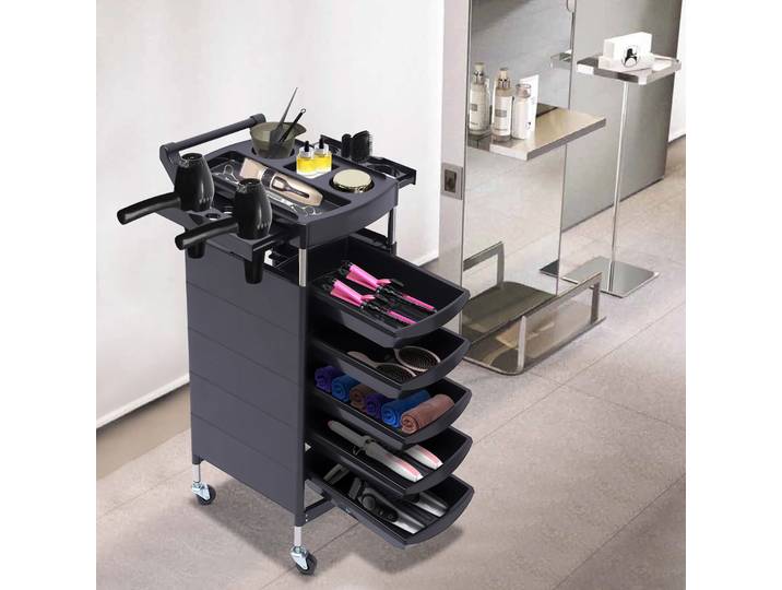 Chariot à outils de beauté multifonctionnel à 6 niveaux, chariot Mobile pour Salon de beauté avec poignée et roues roulantes, 5 tiroirs et 2 supports pour sèche-cheveux