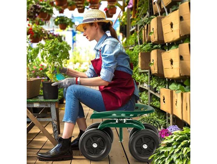 GOPLUS Tabouret de Jardin en Métal avec 4 Roues Siège de Jardin Mobile avec Siège Pivotant Hauteur Réglable Charge 150kg Vert