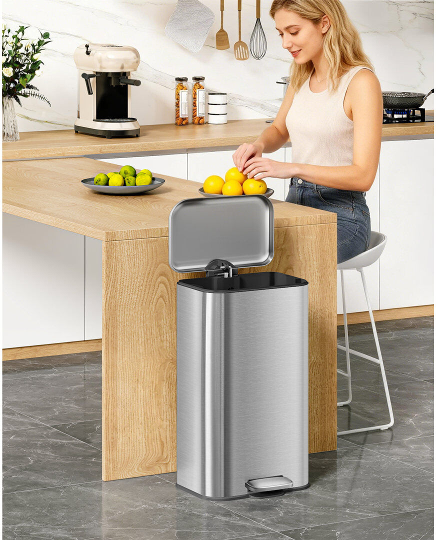 Hzuaneri Kitchen Bin 30L, Recycling Bins for Kitchen, Stainless Steel Rubbish Bin with Soft-Close Lid, Pedal Bins with Handle, Removable Inner Bucket, 15 Bin B Silver 30L