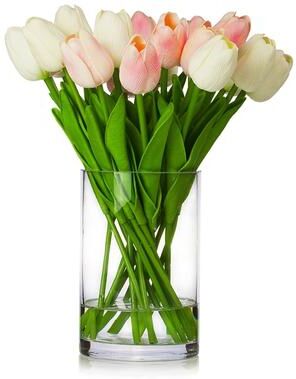 Enova Home 20 Pieces Artificial Real Touch Tulips Fake Silk Flowers Arrangement in Glass Vase with Faux Water for Home Decor