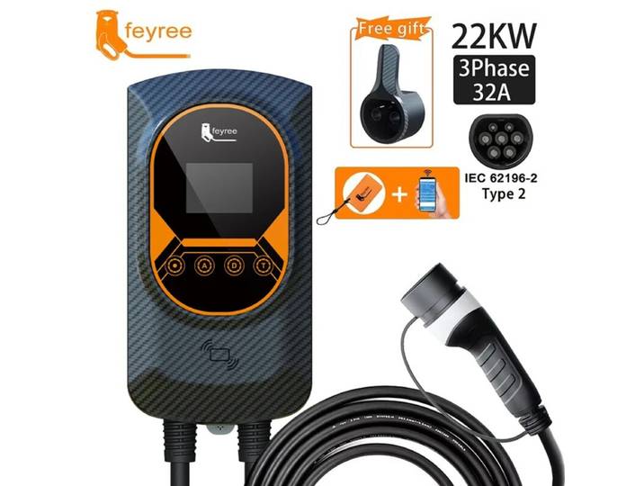 Feyree Borne de recharge murale pour véhicule électrique 22 kW 32 A, chargeur mural avec câble Type 2, contrôle par application Wi-Fi