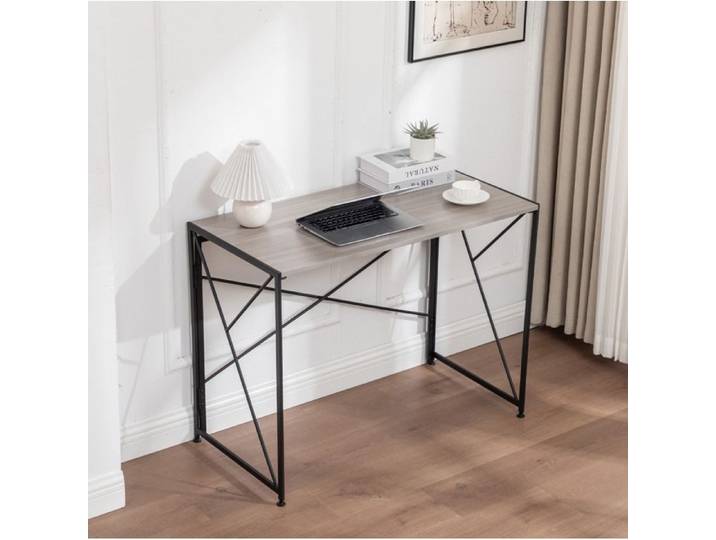 Bureau Pliant Droit Sans Rangement Montage Rapide - MEUNIQ - MDF et Métal Naturel et Noir 99×50×75 cm
