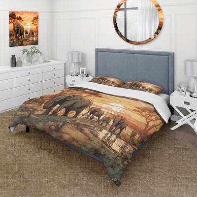 DESIGN ART "Designart ""Orange African Safari With Elephants I"" Orange Children's Art - Bed Cover Set With Shams"