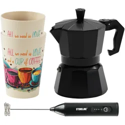 STONELINE Espressokocher Set mit Becher & Milchaufschäumer, Schwarz