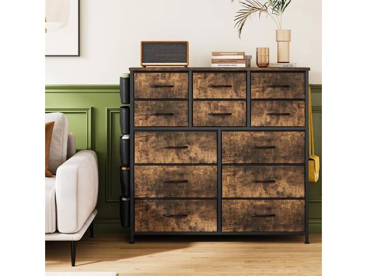 Commode De Chambre Commode à 12 Tiroirs en Tissu Pochettes Latérales Cadre Métal Meuble TV Armoire Meuble De Rangement Marron
