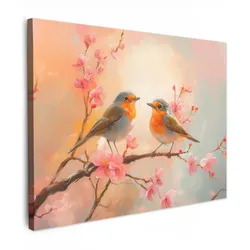 LEINWANDBILD Rotkehlchen - Zierpflanze - Blütenzweig Wandbilder 80x60 cm
