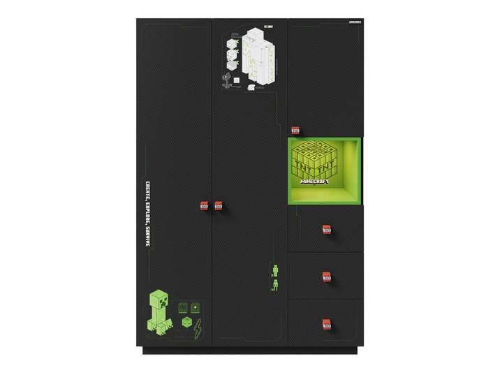 Minecraft Kleiderschrank, Schwarz, Metall, Kunststoff, Gaming, 2 Fächer, 135x200x50 cm, Beleuchtung, Schlafzimmer, Kleiderschränke, Kleiderschränke 3-türig