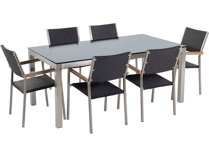 BELIANI Gartenmöbel Set Schwarz Sicherheitsglas Edelstahl Tisch 180 cm 6 Rattanstühle Terrasse Outdoor Modern