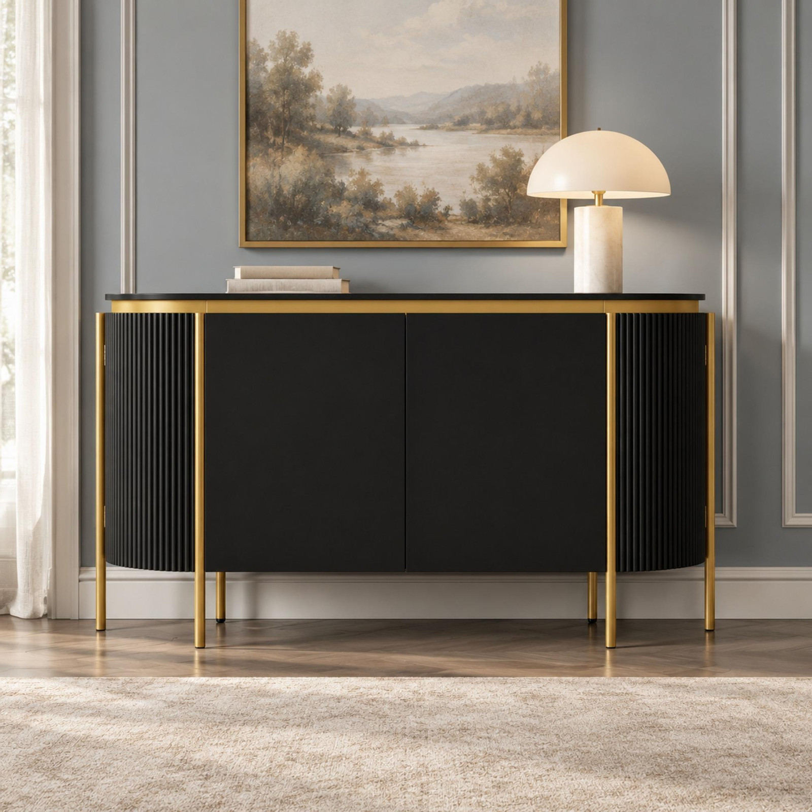 OKWISH Moderne ovale salontafel met legplank, geribbelde voorkant en ijzeren poten, zwart