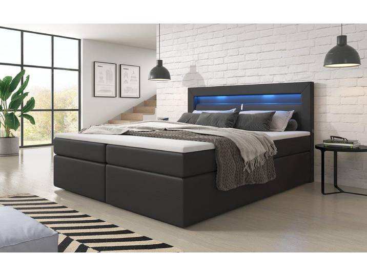 Boxspringbett Repos mit LED und USB - 140x200 - Schwarz - H4 (100kg+) - Luxusbetten24
