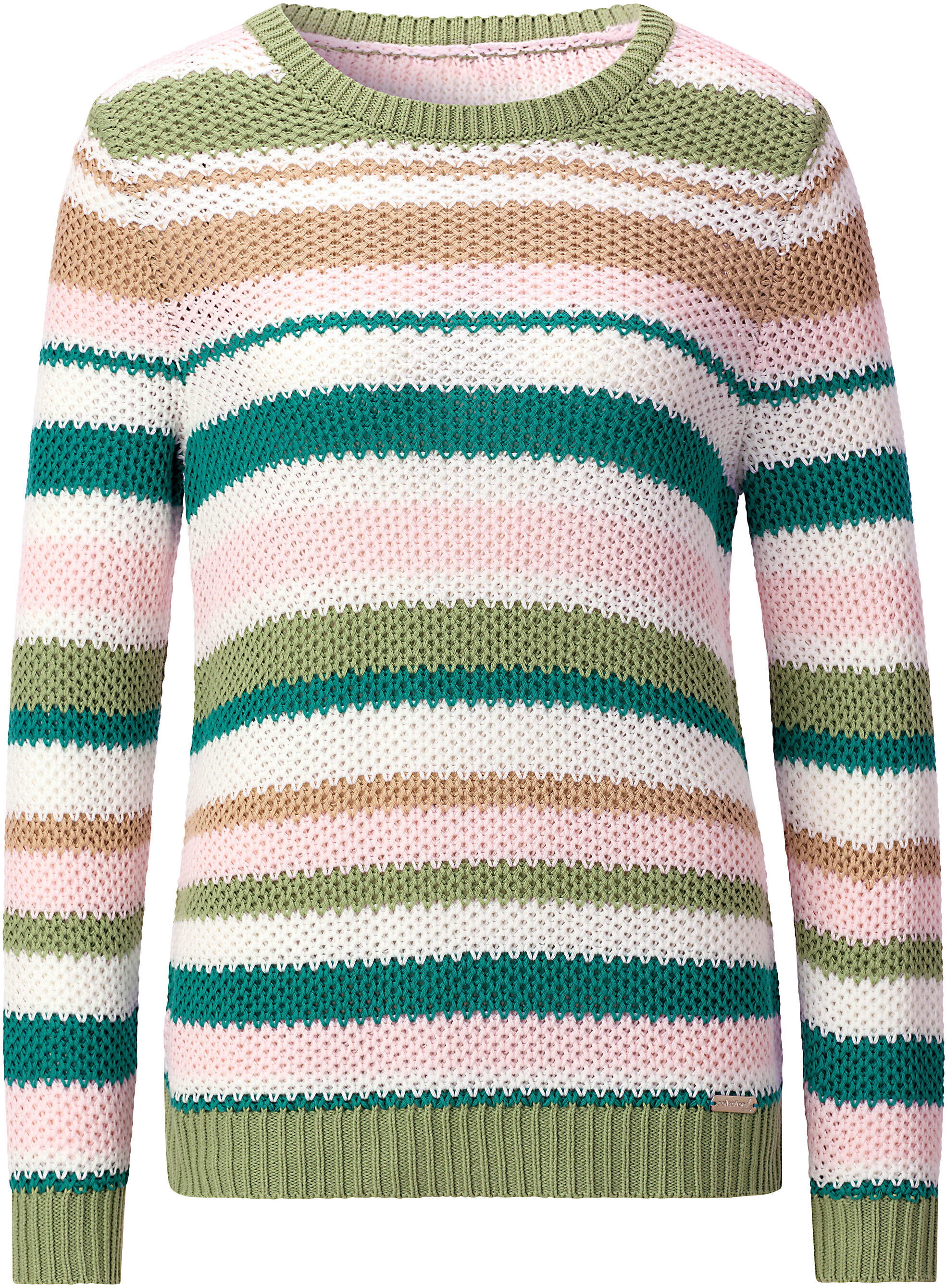 Longpullover WITT "Ringel-Pullover Rundhalspullover im Ringel-Dessin", Damen, Gr. 44, eucalyptus, hellrosé, geringelt, Sportlich, Rundhals, Pullover Longpullover
