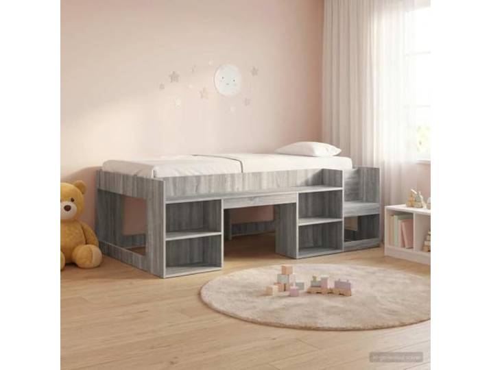 RJPLMFV Kinderbett mit Stauraum, Sonoma, Grau Langlebiges Holz, feste Lamellen, integrierte Regale, modernes Design, einfache Montage