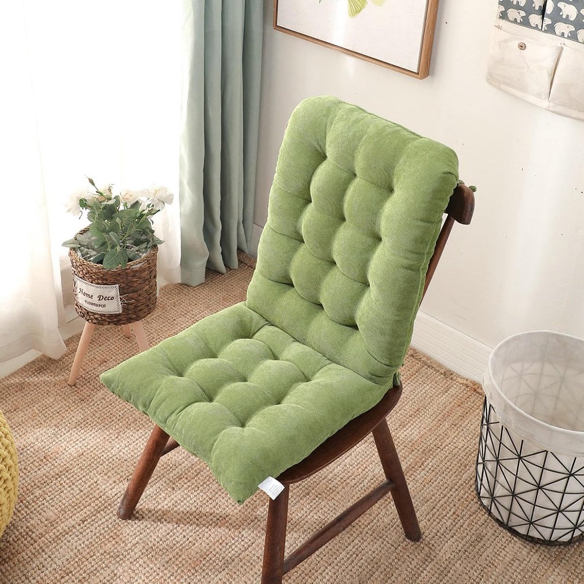 Comfortabel Stoelkussen met Rugleuning en Antislip Strikbanden - Groen - 45 x 100 cm