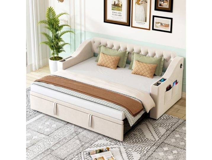 Canapé‑lit convertible - PAGE Living - Velours beige - Mécanisme hydraulique - Accoudoirs rangement USB