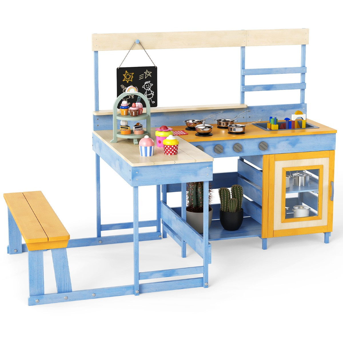 Costway Modderkeuken met Picknicktafel voor Kinderen Buitenspeelset Blauw