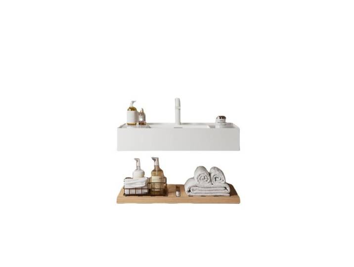 Ensemble meuble lavabo 75cm suspendu avec vasque acrylique blanche et étagère décor bois naturel rayé