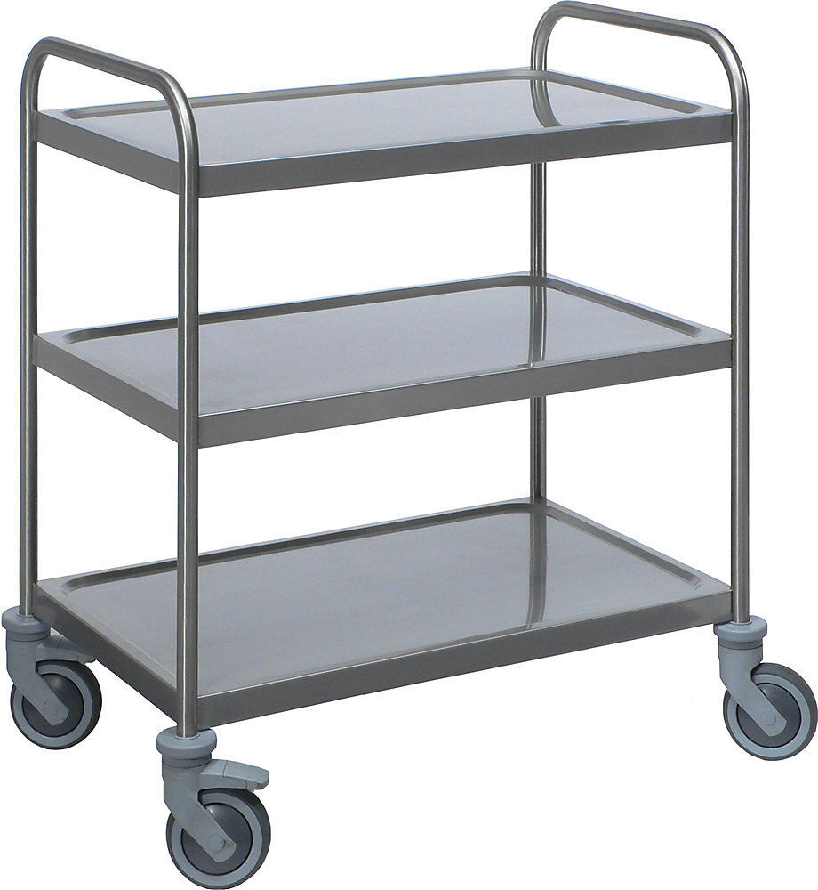 kaiserkraft Edelstahl-Servierwagen, 3 Etagen, thermoplastische Gummibereifung, LxBxH 1070 x 670 x 970 mm, ab 10 Stk