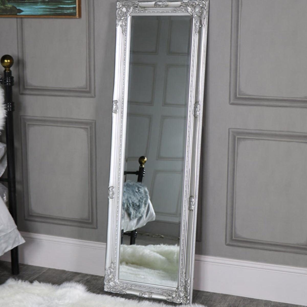 Tall Silver Wall / Leaner Mirror - 47cm x 142cm Glass, Wood, Resin