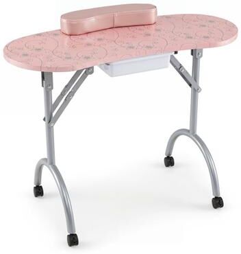 Costway Foldable Portable Manicure Table with Drawer Casters and Cushion-Pink