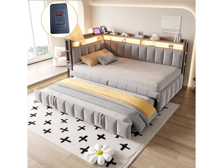 Merax Sofabett 90x200cm, mit Ausziehbett 90x190cm, Multifunktional Schlafsofa mit LED, USB, Type-C, für kompakte Wohnungen, Samt, Grau (ohne Matratze)