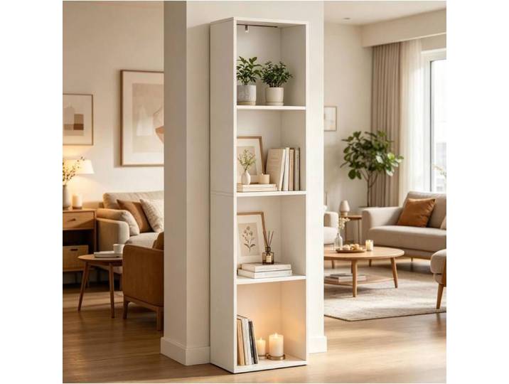 ULEVR Bibliothèque verticale blanche 40 x 29 x 170 cm avec 4 compartiments et éclairage RGB réglable