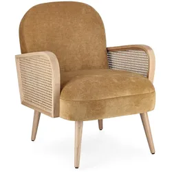 Sessel Dalida aus Stoff, skandinavischer Stil mit Rattan-Armlehnen, Senfgelb, bequem gepolstert