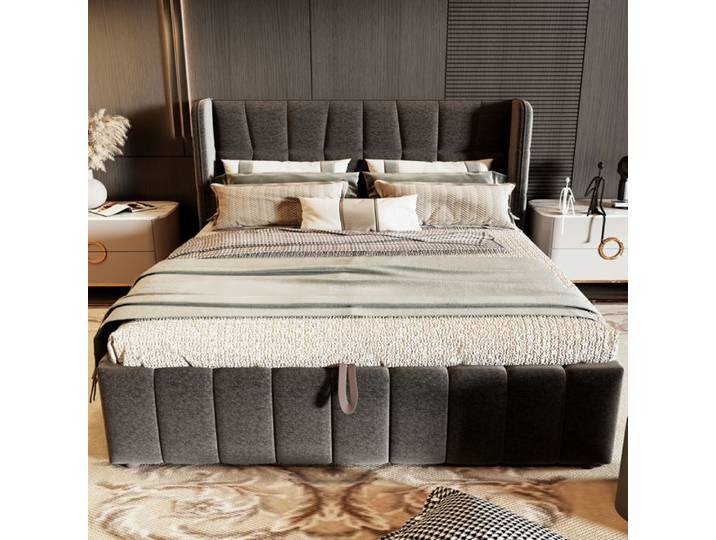 WUVRIE Lit coffre rembourré 180 x 200 cm sommier à lattes cadre métal gris relevable