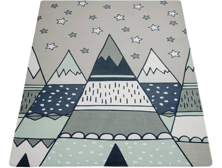 Kinderteppich PACO HOME Chicos 553 , grau, B:80cm H:2mm L:150cm, Polyester, Teppiche, Kinderteppich, Flachgewebe, Motiv Berge & Sterne, Kinderzimmer