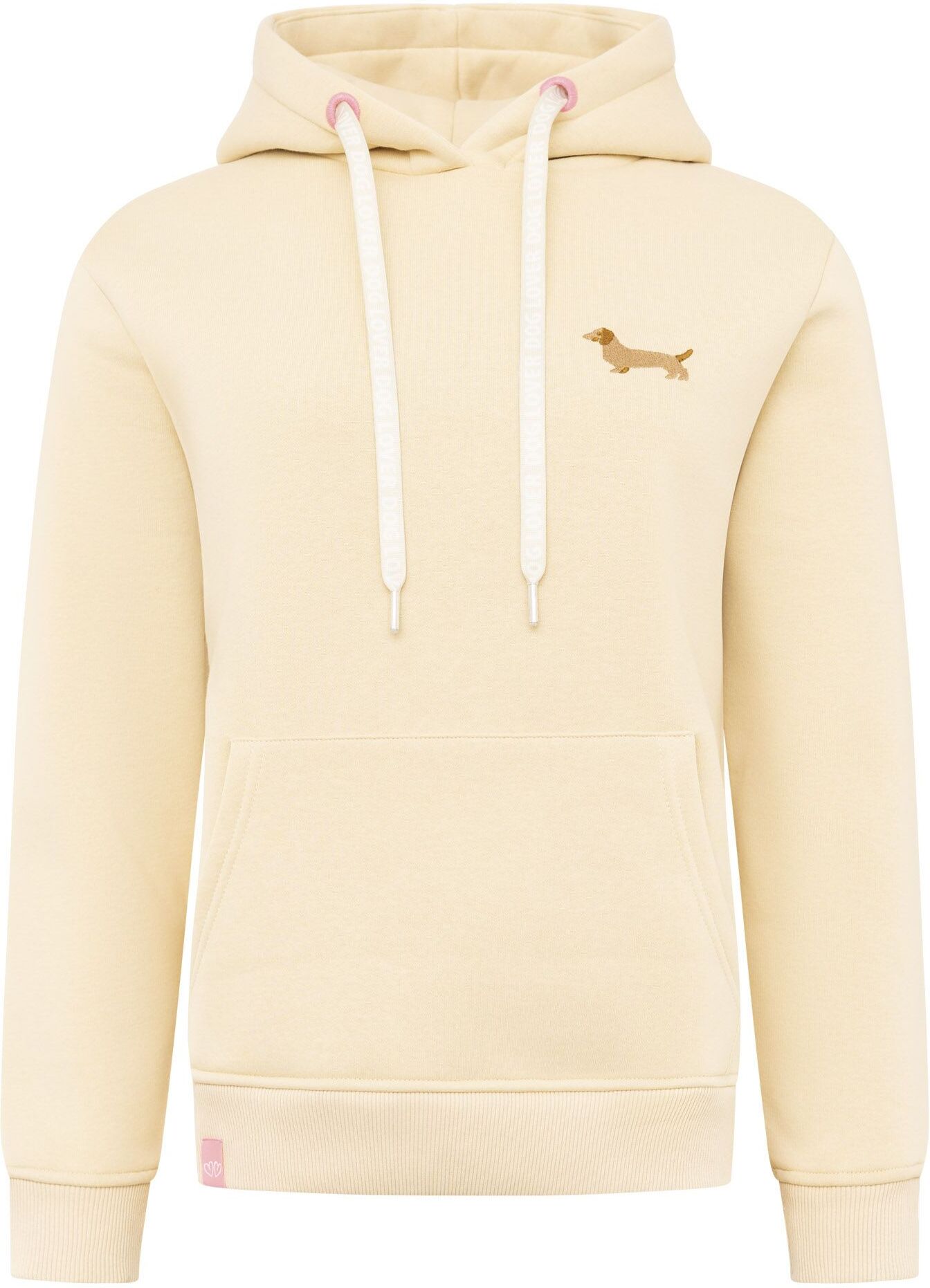 Hoodie ZWILLINGSHERZ "Kleiner Dackel", Damen, Gr. L/XL, beige, angeraute Sweatware, Obermaterial: 50% Baumwolle, 50% Polyester, unifarben, Sweatshirts Hoodie, "Dackel"-Stickerei, bedruckter Kordelzug, Kängurutasche beige L/XL