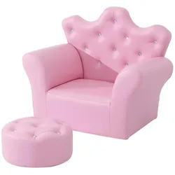 KINDERSOFA mit Ottomane Kindersessel Softsofa mit Kristallknöpfen Hocker Rosa