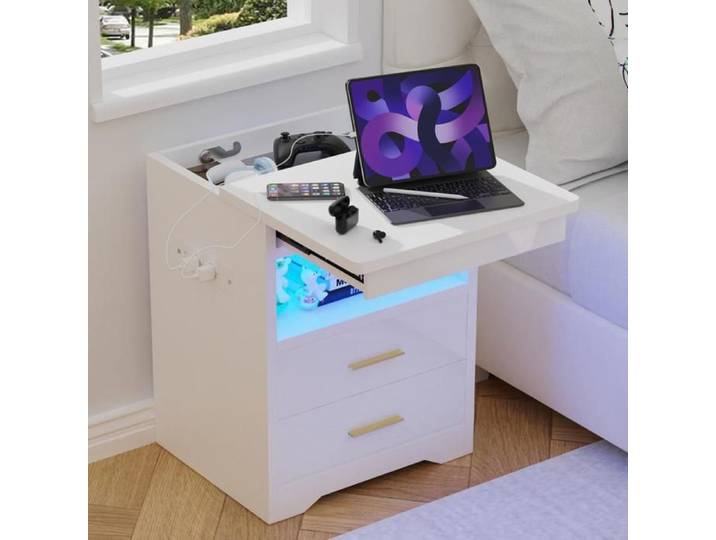 LVHCMFOHM Table de chevet Verrouillable - Table de Nuit avec LED/Prise - 2 tiroirs/Étagère Ouvert - 44x39x58cm - Blanc