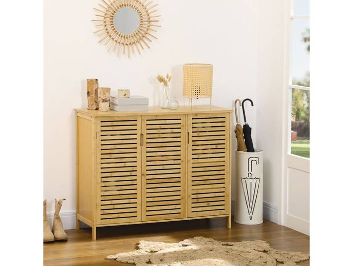 Meuble à chaussures armoire à chaussures style naturel - 2 placards avec 8 étagères - en bambou bois naturel