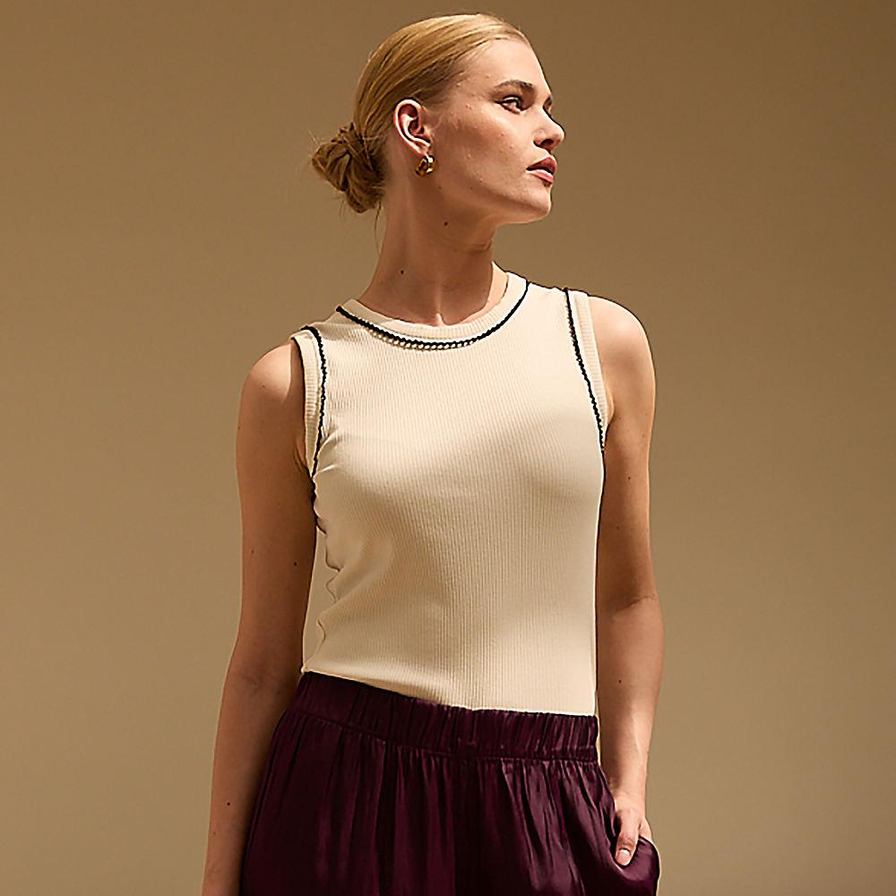 Geripptes, ärmelloses Top mit Kontrast-Besatz für Damen, Damen, size: regular, Elfenbein, Baumwolle/Baumwoll-Mischung, by Lands' End