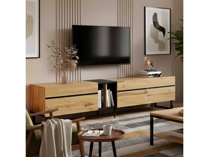 Meuble TV 180x38x45cm - Porte Abattante Hydraulique - Pieds Ajustables - Style Minimaliste Chic - Chêne et Noir