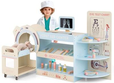 Costway Kids Doctor Play Set Wooden Pretend Hospital Office Kit with Eye Chart Toy CT Machine-Blue