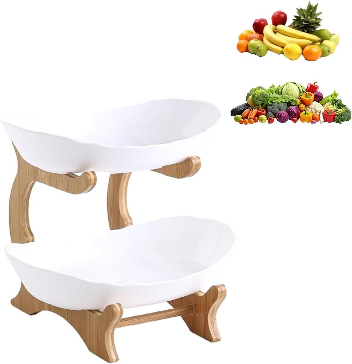2-laags houten fruitmand en groenterek voor in de keuken