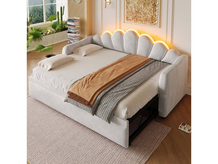 STILVORA Tagesbett 90x200 cm mit Ausziehfunktion und LED-Beleuchtung, Polsterbett mit ausziehbarer Funktion flach oder aufgestellt, Kinderbett platzsparend Grau